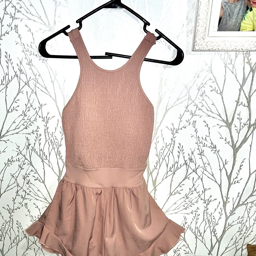 Pink Sateen Romper with Ruffled Skirt